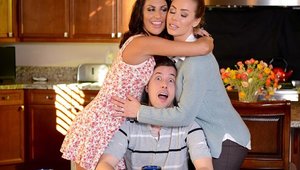 August Ames escorted by Nicole Aniston handjob in the kitchen